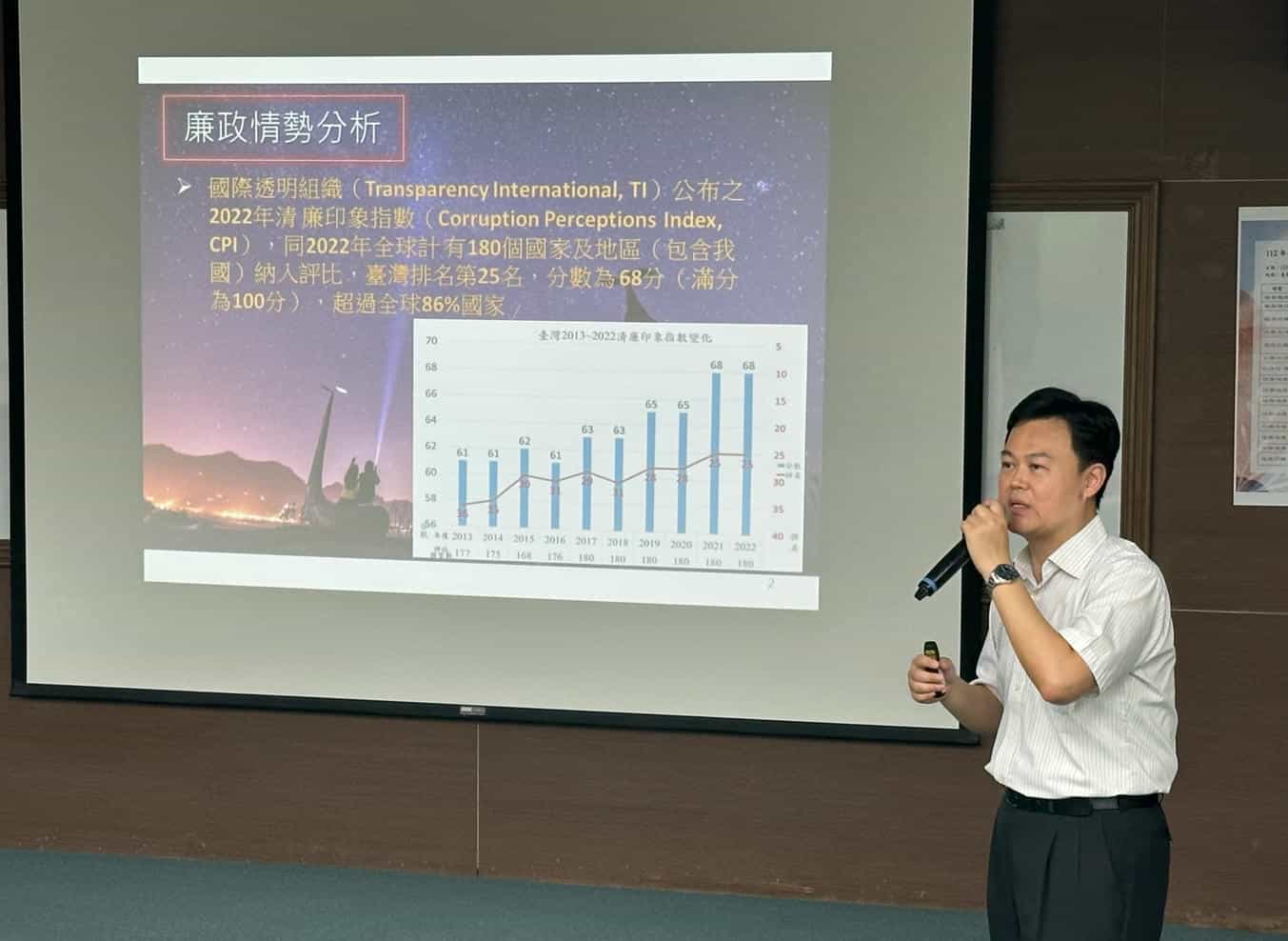 推廣廉潔誠信、強化志工專業 臺東縣府、臺東地院、地檢廉政志工隊共同參與專業訓練暨聯繫會報國家廉政政策及廉政法令宣導(臺東縣政府政風處第一科吳冠儁科長講授)